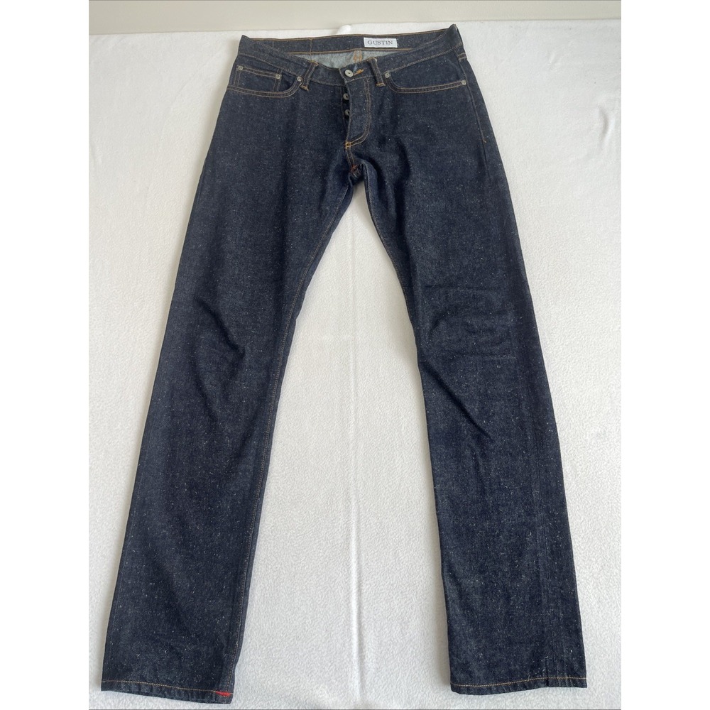 Gustin Jeans Mens 33x33 Blue Slim Fit Selvedge Denim Button Fly Dark Wash
